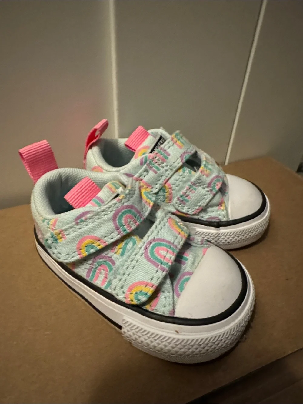 Converse Kids Mint Canvas Sneakers with Pink Accents and Rainbow Motifs